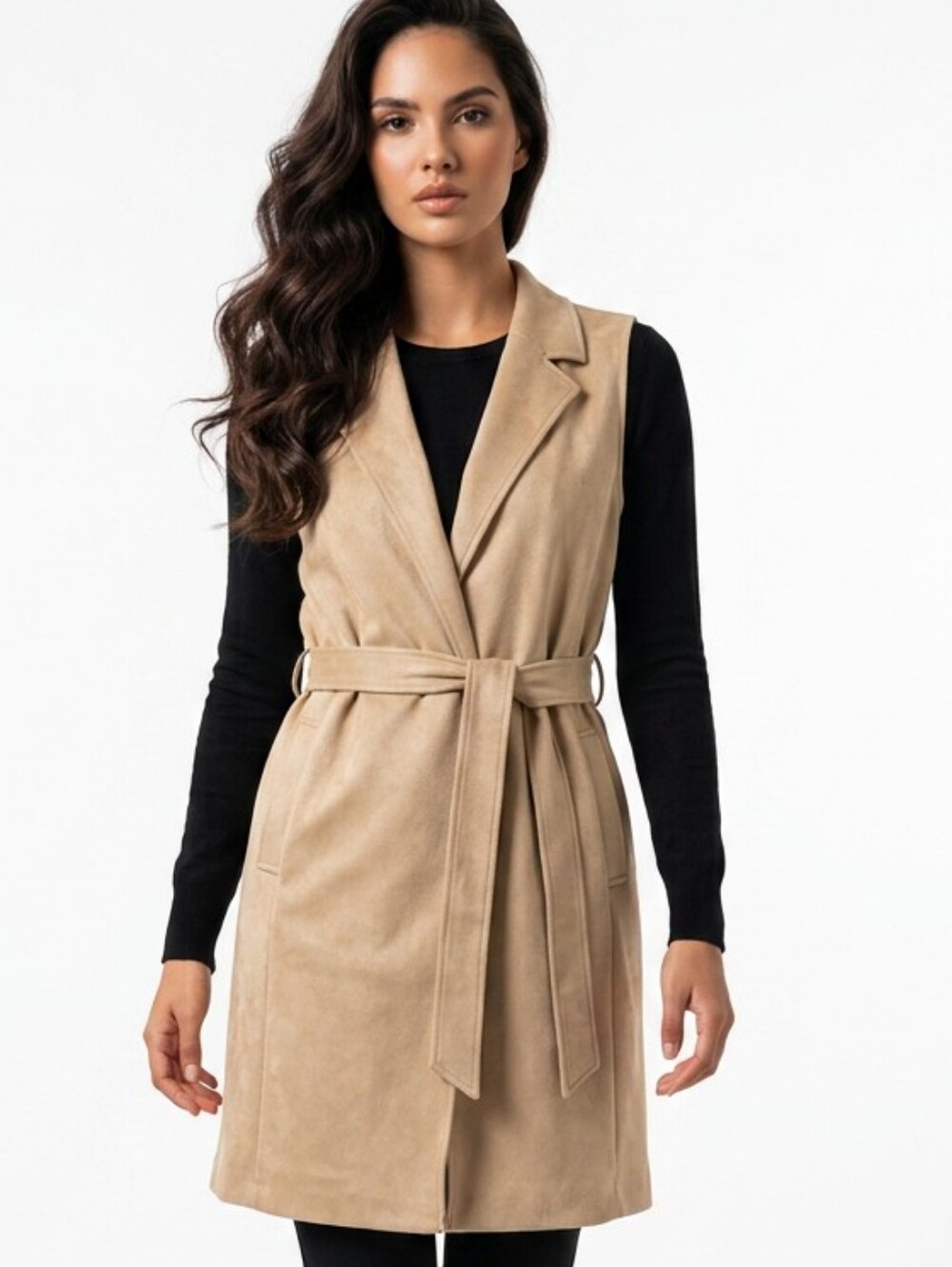 Babaton Womens Vest Malley Vegan Faux Suede Light Tan Longline
